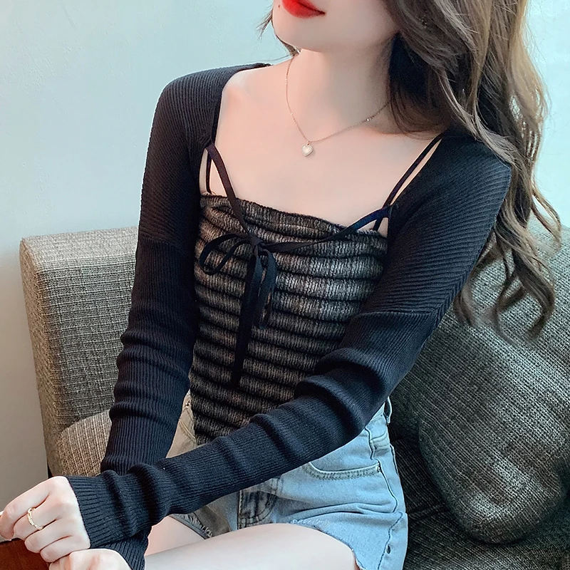 

2024 Spring Summer Long Sleeve Women Cape Ribbon Cardigans Female Knitted Shawl Prevented Bask Clothes Outside Wear Short Design