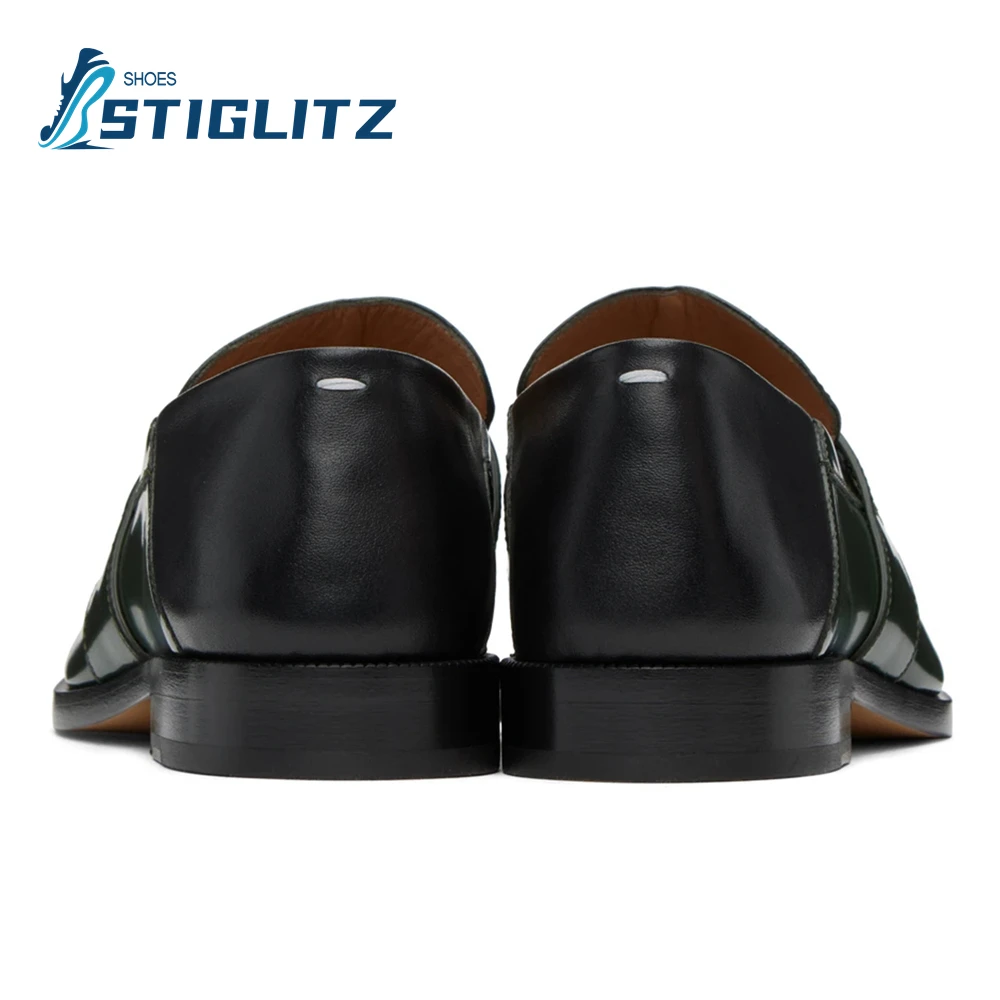 New Dark Green Genuine Leather Split Toe Shoes for Men Shallow Square Heel Slip-On Mules High Quality Formal Wear Wedding Shoes