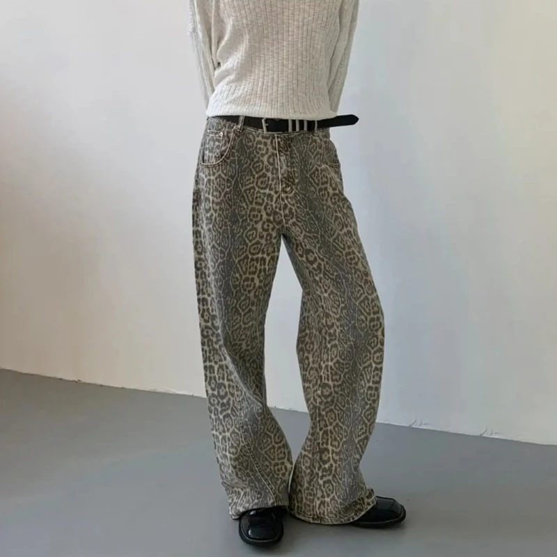 

Leopard Print Jeans For Women&Men Wash Y2K Vintage Loose Vibe Style Casual Chic High Waist Wide Leg Pants Jeans