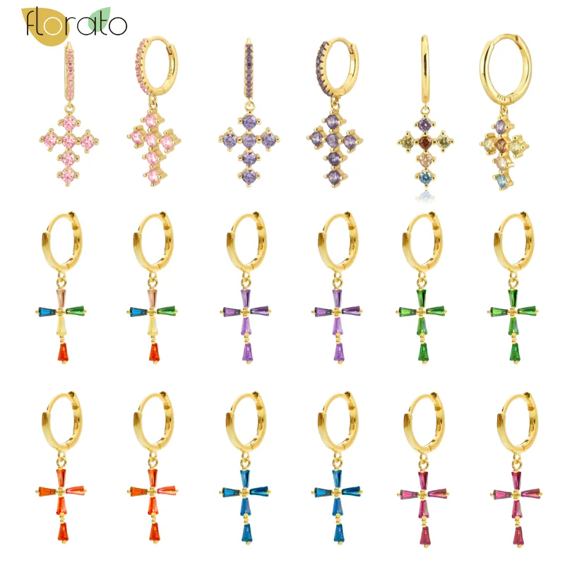 

Luxury Cross Hoop Earrings For Women 925 Sterling Silver Ear Needle Colorful Crystal Pendiente Earrings Party Fashion Jewelry
