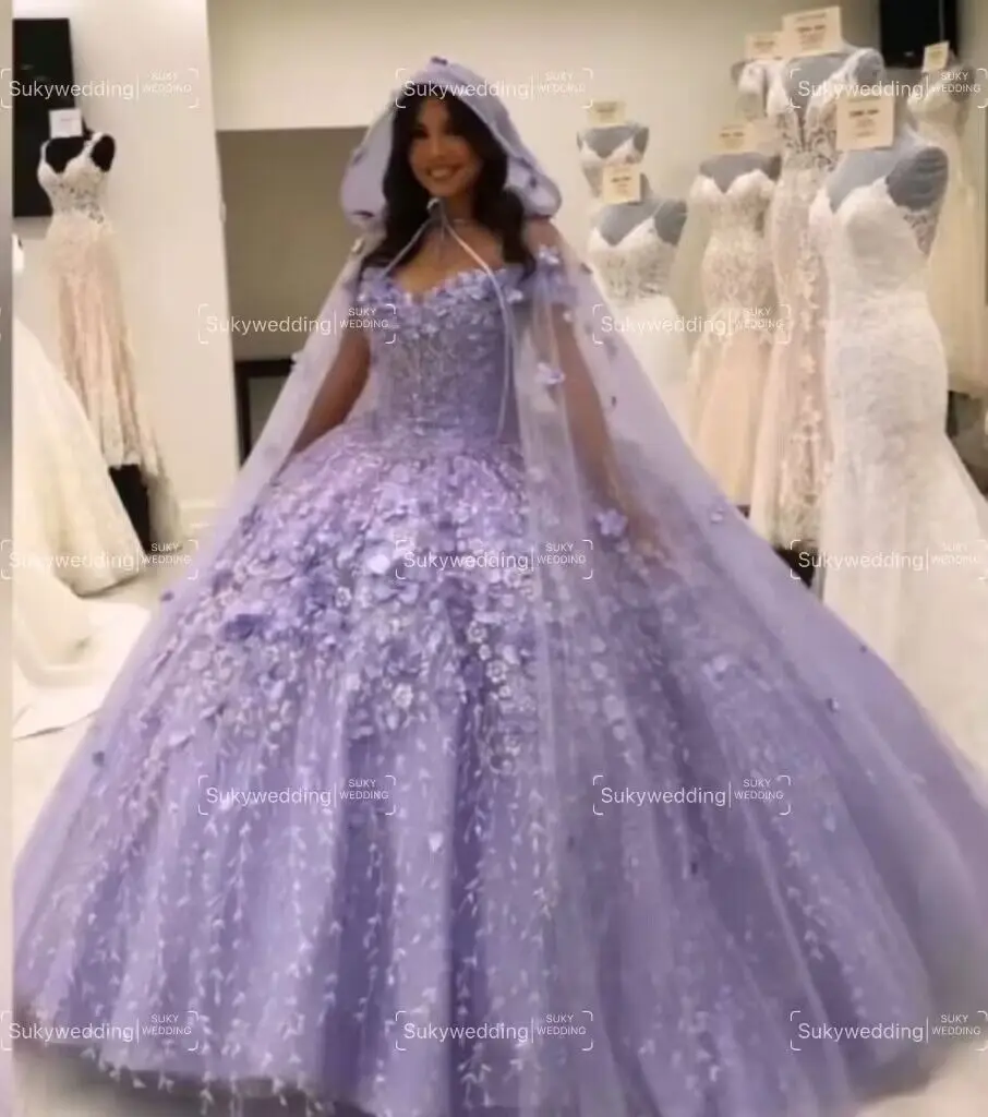 

3D Flowers Princess Quinceanera Dresses With Detached Cape Off Shoulder Sequins Appliques Sweet 15 Birthday Ball Gowns Mexico