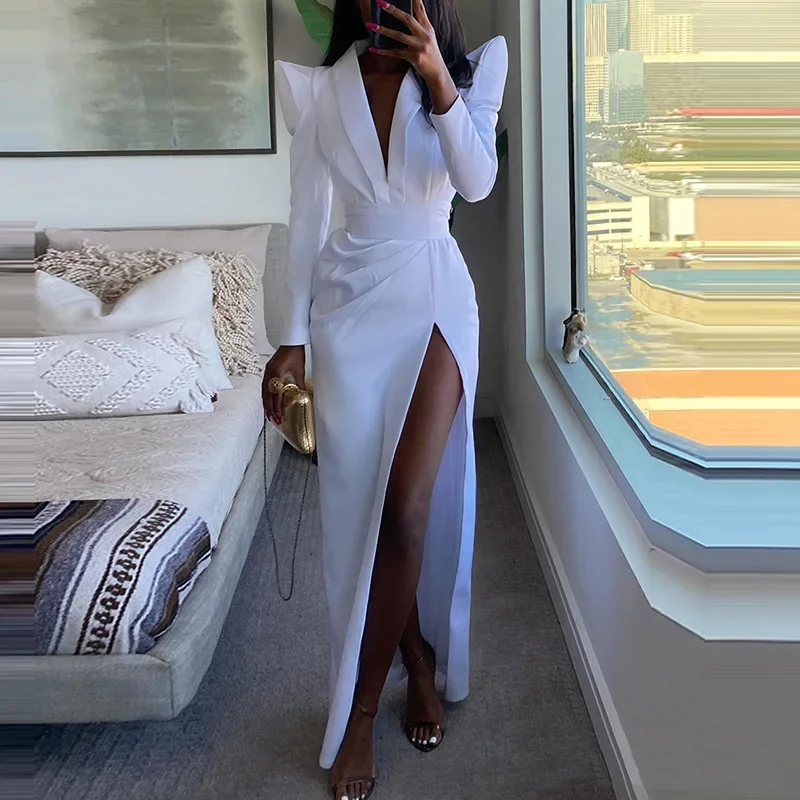 

Luxury Women Long Sleeve High Waist White Dresses Chic 2023 Deep V-neck Party Dress Sexy Club High Split Wrap Evening Dress