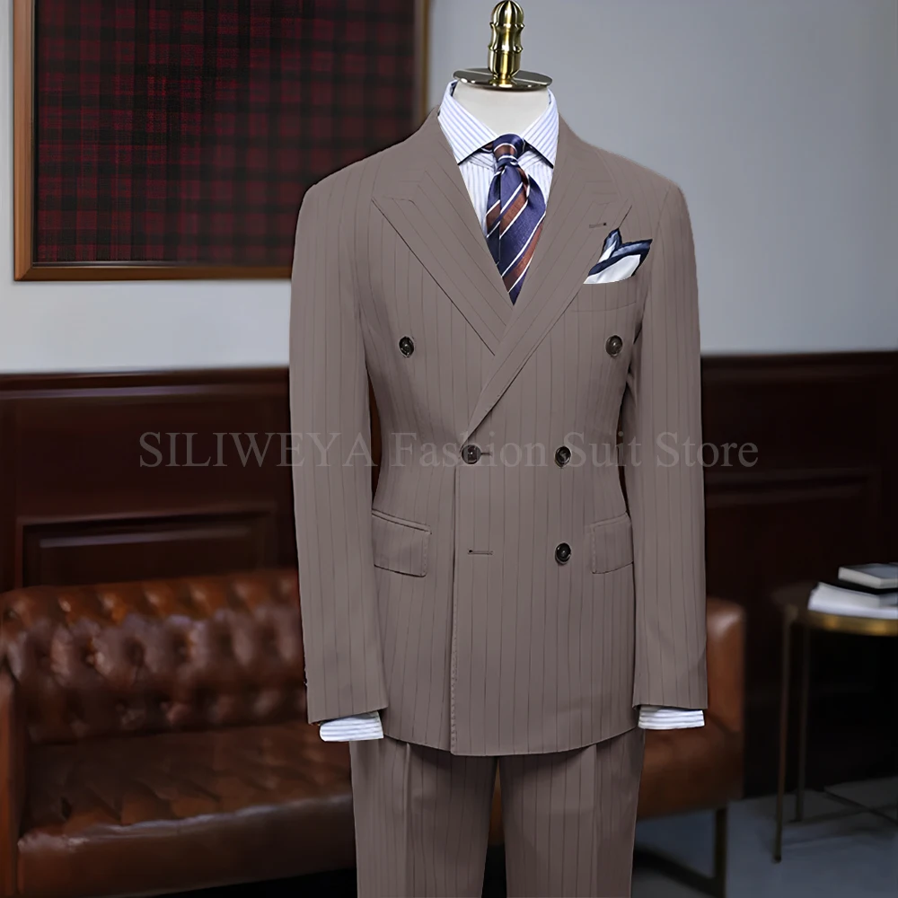 Men suits 2 piece Blazer Beige vertical stripes Peak lapel Double breasted Slim fit