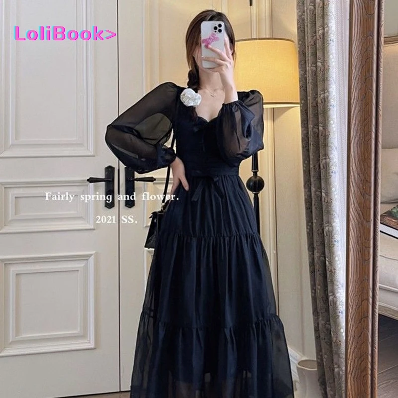 

New Puff Sleeve Bowknot Chiffon Female 2024 Autumn Fairy Long Sweet Princess Midi Dress