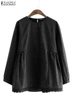 Korean Lace Patchwork Tops Shirt ZANZEA Women Casual Plaid Blouse 2024 Autumn Loose Long Sleeve Tunic Harajuku Round Neck Blusas - Image 3