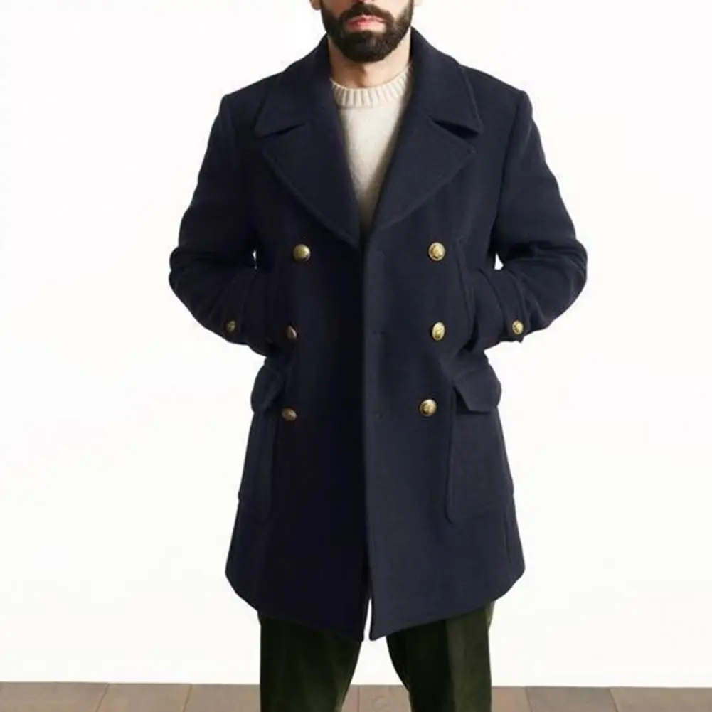 Turn-down Collar Coat British Style Men's Double-breasted Trench Coat Thick Long Sleeve Cardigan with Notch for Fall/winter