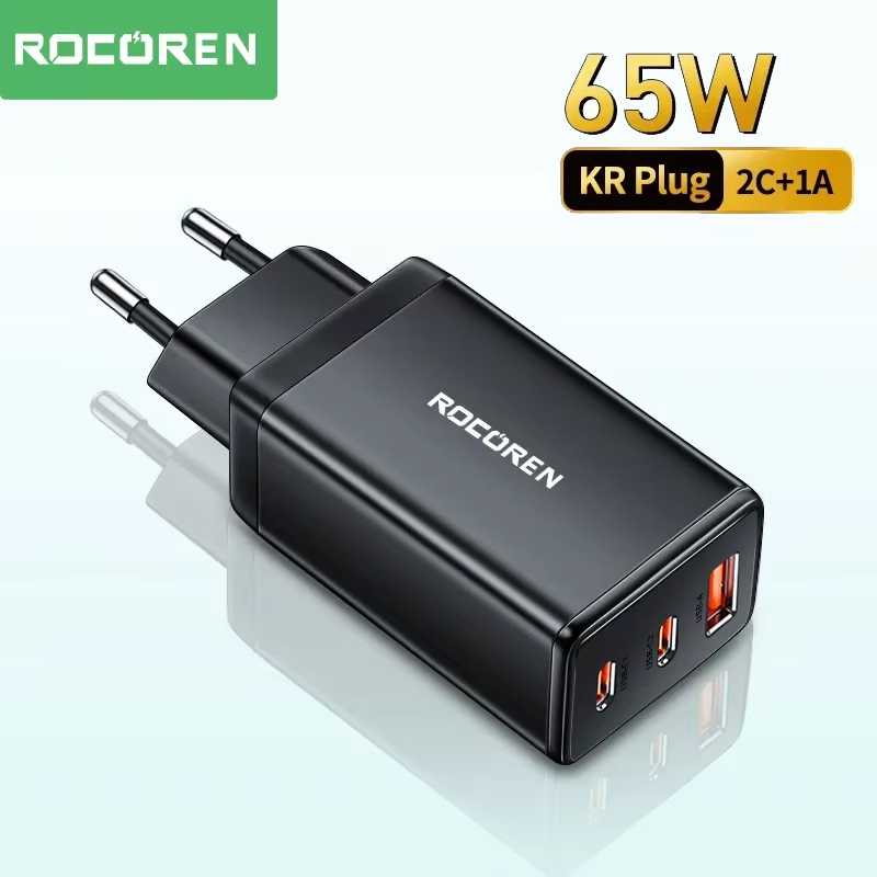 Rocoren 65W GaN USB Type C Charger QC PD 3.0 USBC Fast Charging USB Charger For iPhone 16 Pro Xiaomi Samsung Portable KR Plug