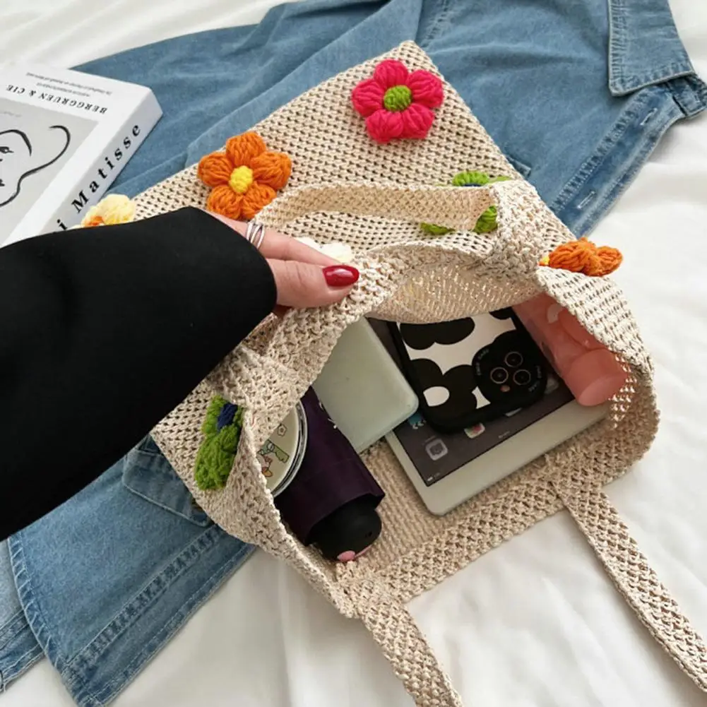 Bright Color Women Shoulder Bag Crochet Flower Large Capacity Women Handbag Hand Woven Colorful Hollow Out Tote Bag For Outdoor