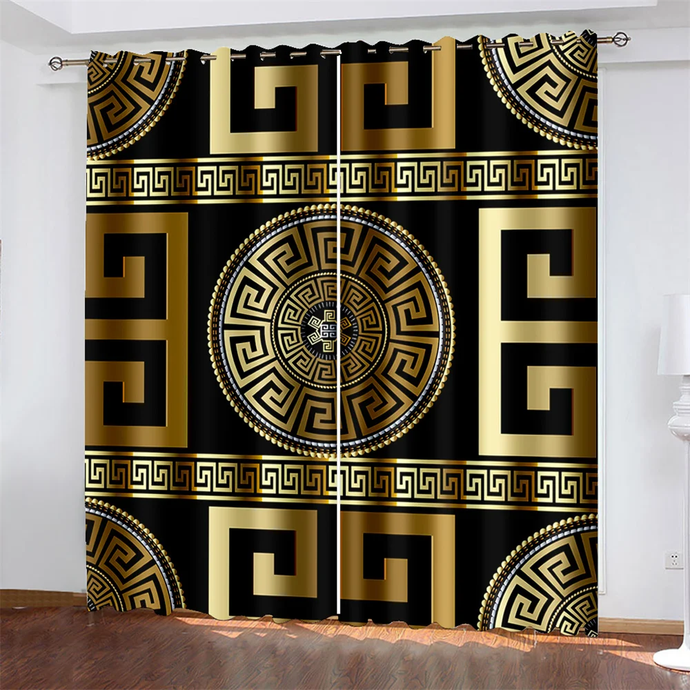 

Custom Modern Luxury Brand Design Black and Gold 3D Print Pattern Shading Polyester Curtain for Living Room Bedroom Decor Hooks