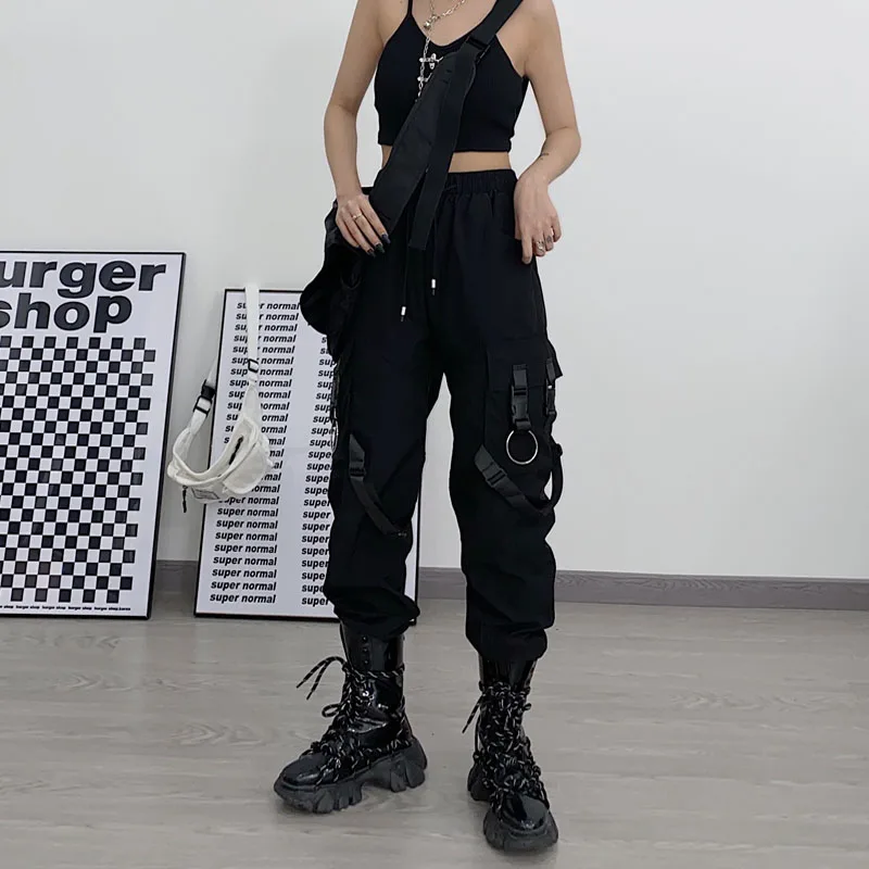 QWEEK Techwear pantaloni Cargo neri gotici donna Punk Streetwear pantaloni  Hip Hop pantaloni Harajuku a vita alta pantaloni larghi femminili|Pants \u0026  Capris| - AliExpress