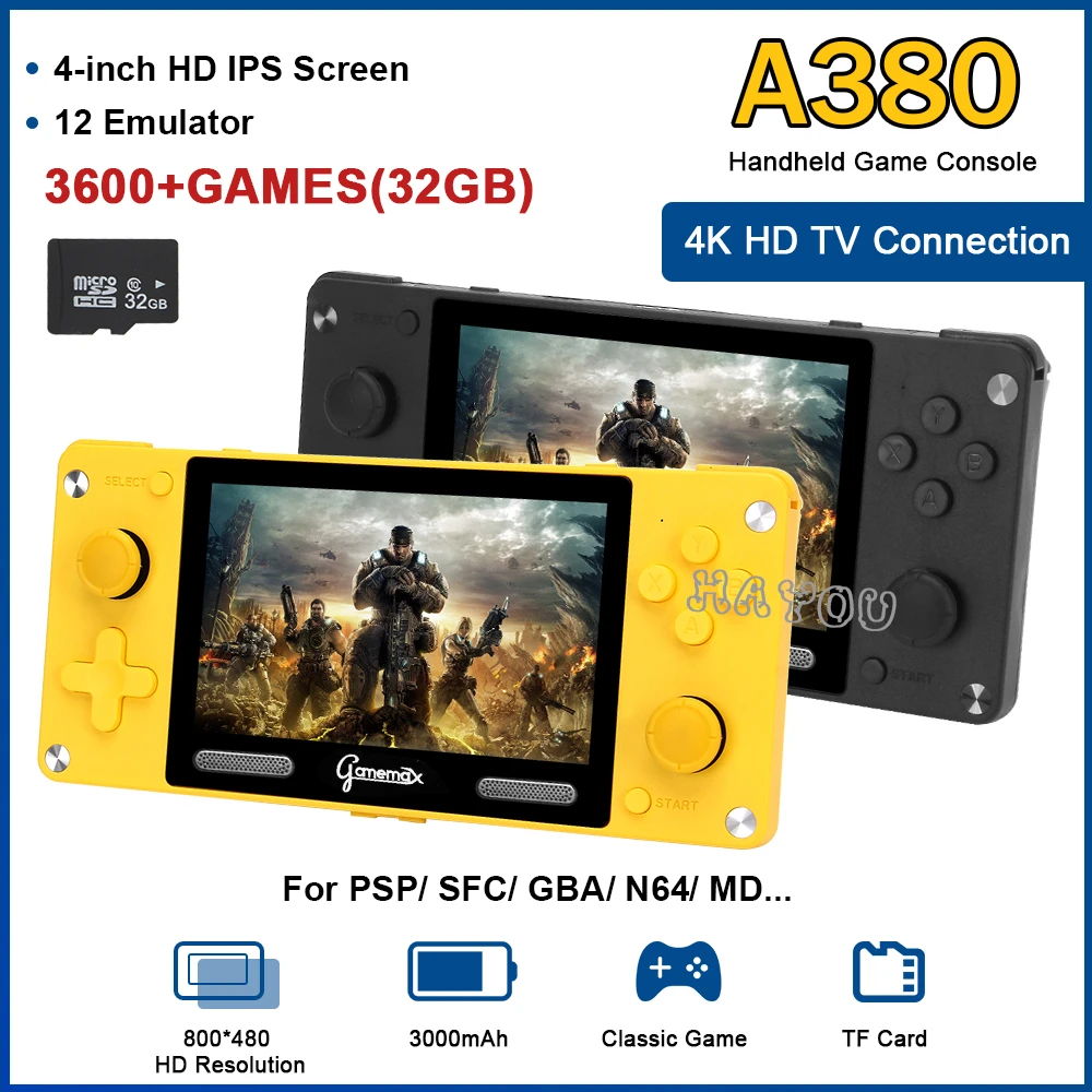 Handheld Video Game Console A380 Retro Game Player 4 inch HD IPS Screen 3600+ Games Portable Console with 3D Rocker