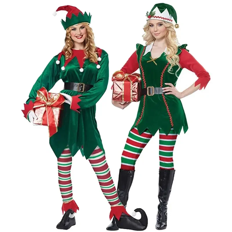 

Christmas Jolly Green Elf Velvet Costume Santa Claus Party Cosplay Dress New Year Christmas Festival Stage Performance Clothing