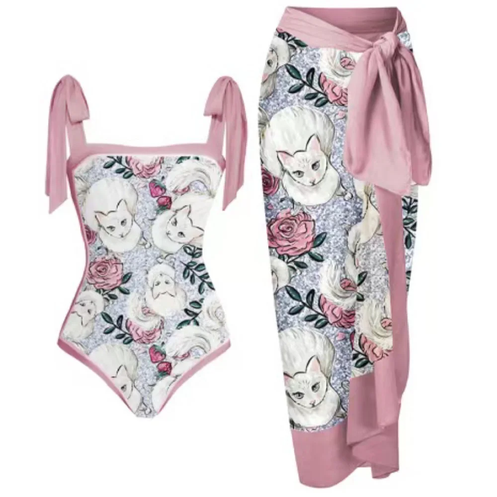 Description Picture 6 of item2025 New 2PC Print Retro Swimwear Push Up Playa Women's Swimsuit One Piece Bodysuit Patchwork Bathing Suit Pads Female Set