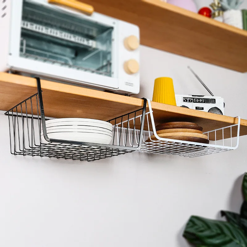 Metal Iron Kitchen Organizer Shelf Cabinet Hanging Basket Rack Desk Cabinet Storage Rack Under Table Hanging Mesh Basket