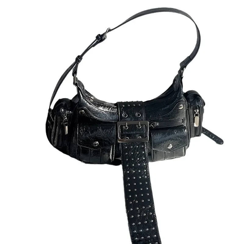 Punk Multi-Zipper Tassel Rivet Motorcycle Bag Fashion Hobos Women Shoulder Bags Y2K Half Moon Underarm Bag Trend Handbags 2024