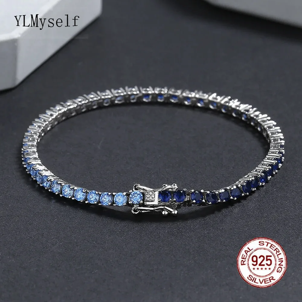 3mm 2 Tone Blue Tennis Bracelet Full Cubic zircon Pure 925 Silver Metal Wedding Party Jewelry Bracelets for Women Man