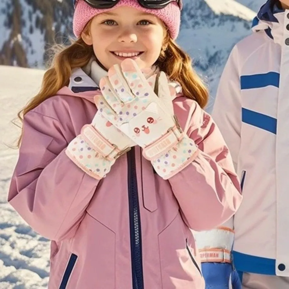 Kawaii Cartoon Children Ski Gloves Thicken Full Finger Kids Snowboard Gloves Keep Warm Riding Girls Skiing Gloves Camping
