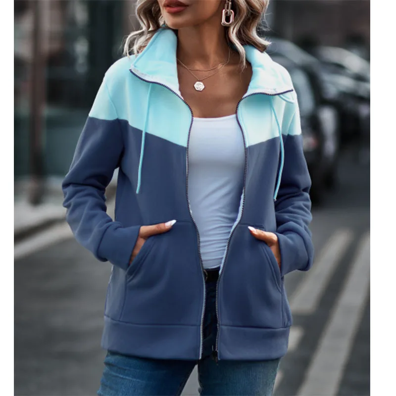 Women's Autumn Winter Polo Collar Long Sleeve Print Hoodies Patchwork Chic Sweatshirt Fashion Casual Versatile Elegant Lady Tops