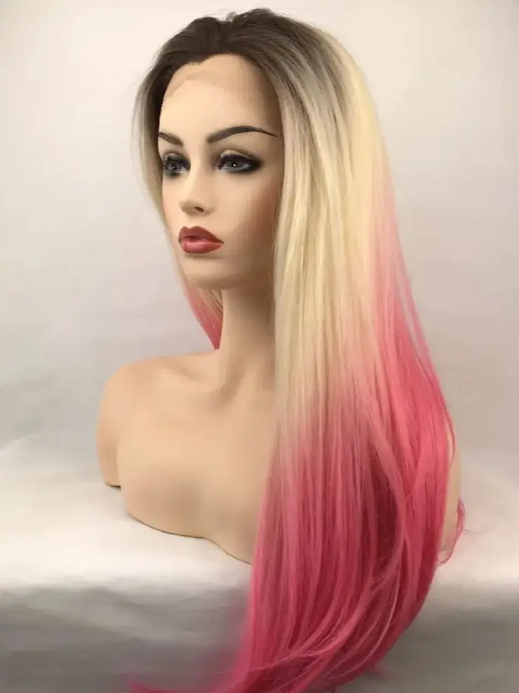Long Body Wave Lace Front Wig for Women Black gold pink gradient  Wavy Hair Ginger Wig Cosplay