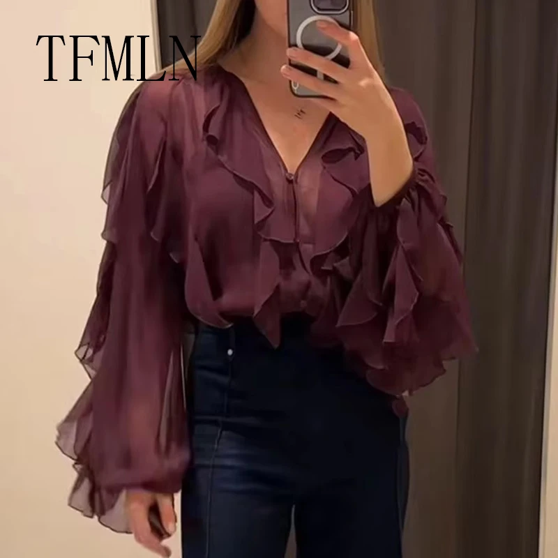 TFMLN Women Fashion Spring Summer Ruffle Blouses Shirts Female Single Breasted Tierred Causal Tops Beach Style Shirt