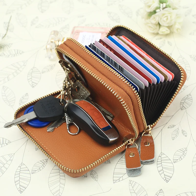 Soft Leather Men Key Wallet Card Organizer Wallet Zipper Coin Bag Key Case for Men Keyring Keychain Cards Keys Holder