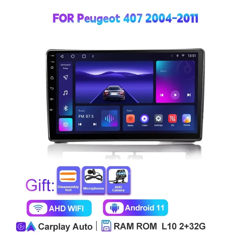 Autoradio 4+64G Pour P-eugeot 407 2004-2008 Avec CarPlay Android Auto 9