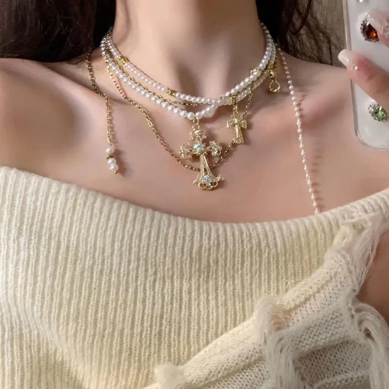 Fashion Exaggerated Cross Pendant Necklace Multilayer Pearl Short Collarbone Chain Personal Jewelry Accessories For Women
