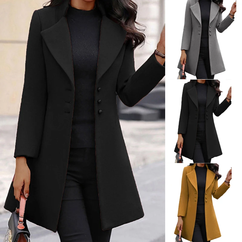 

Long Jacket Woolen Coat Overcoat Blazer Coat Trench Coat Solid Color Elegant Lapel Slim Fit Casual all Gold Button