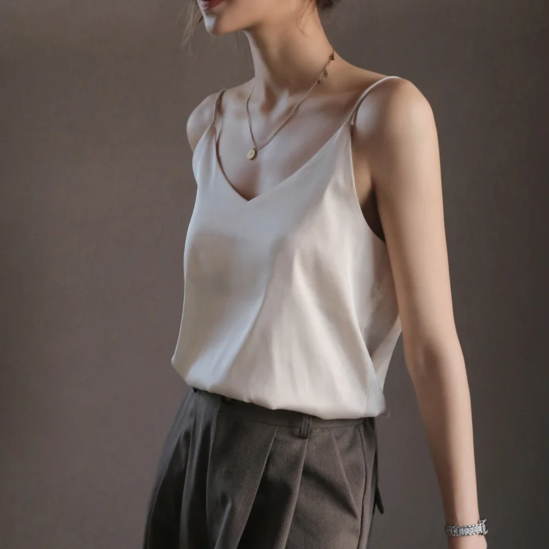 MOONBIFFY Summer Fashion Silk Vest Tanks Women Basic Satin Sling Tops Versatile Solid Loose Sling Camis Female Tank Top