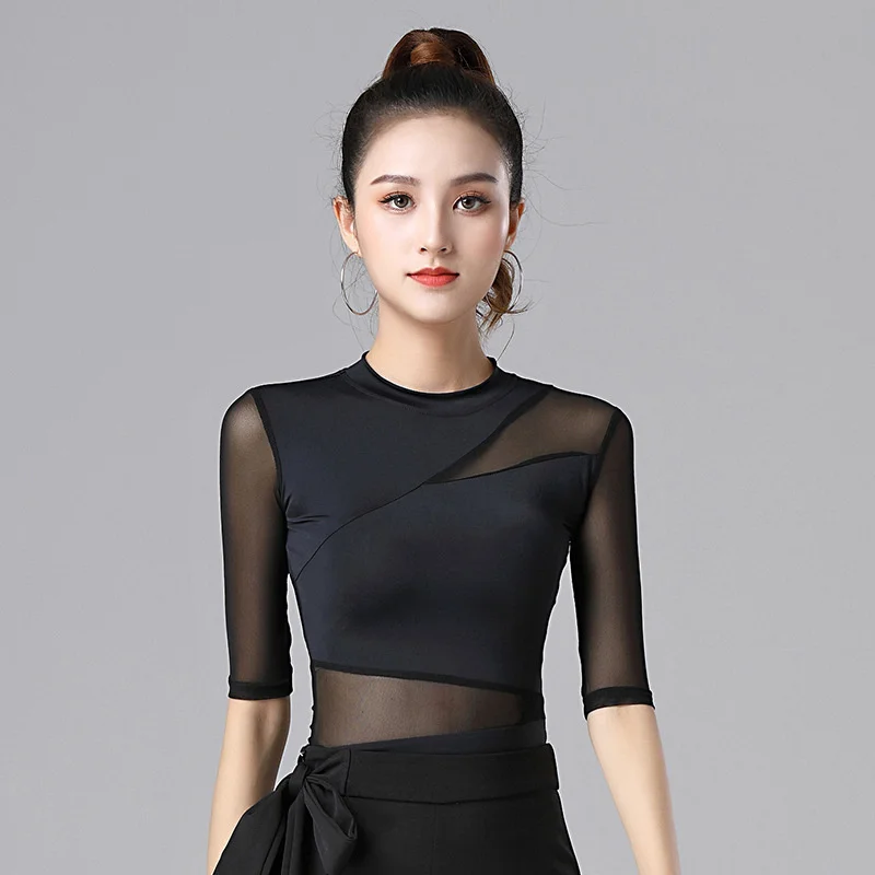 

New Mesh Tops Latin Women Dance Practice Clothes Ballroom Dance Professional Modern Dance National Standard Dance Training Shirt