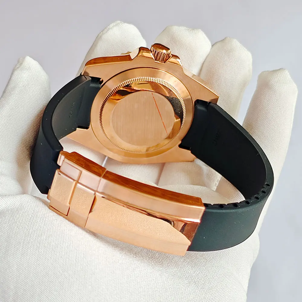 Rose Gold 40mm GMT SUB Watch Case with Silicone Strap and Sapphire Glass