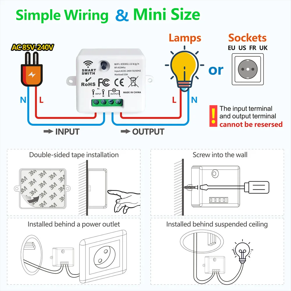 Interrupteur Lumineux Schema Branchement Interrupteur 12v Avec Voyant Interrupteur Wifi intelligent Tuya, Module relais on/Off, récepteur AC  220V, 433mhz RF, télécommande sans fil pour ventilateur lumineux Led Alexa