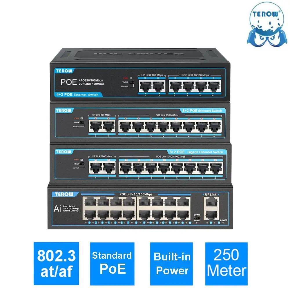 Terow-rede Gigabit Ethernet Switch Poe para Câmera ip ap sem Fio Nrv 8023 af at Vlan Rj45 16 Portas 100 Mbps 1000 Mbps