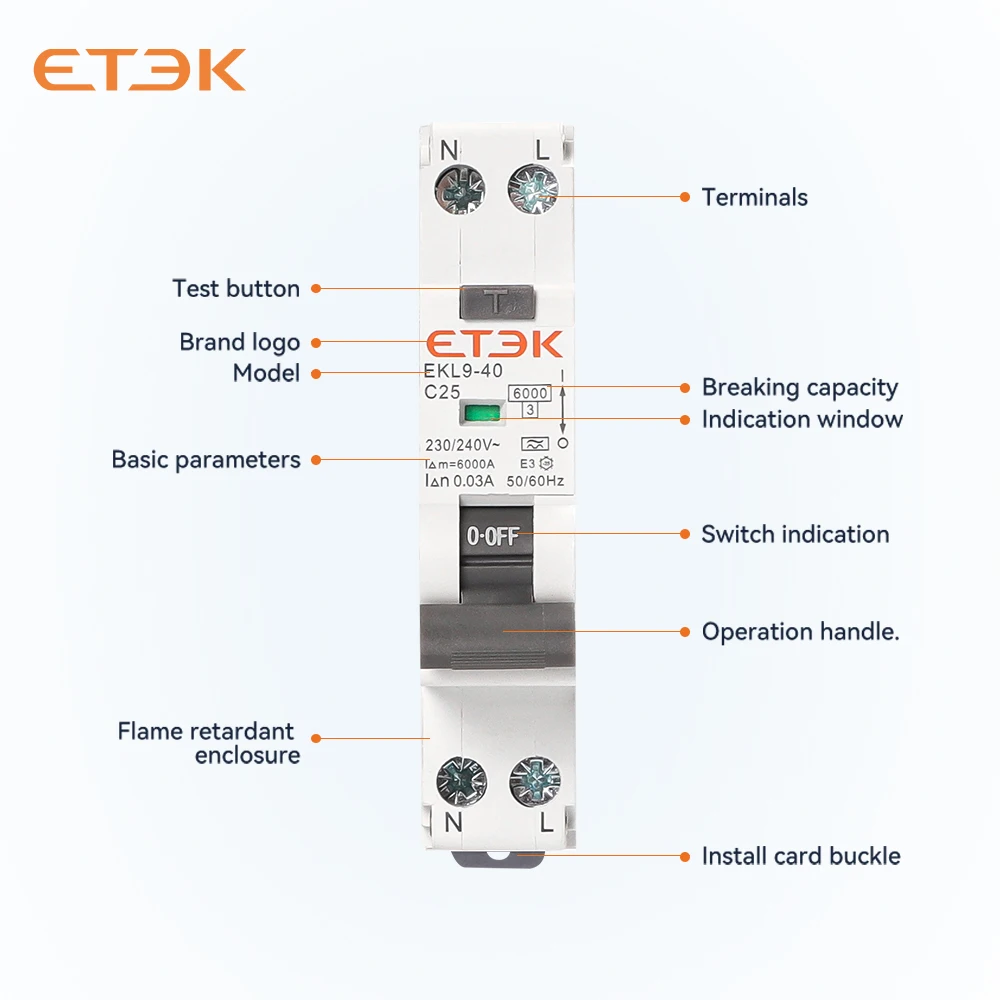 ETEK A Type 2Pole 18mm Residual Automatic circuit breaker DPN Over Current Leakage Protection 30mA EKL9