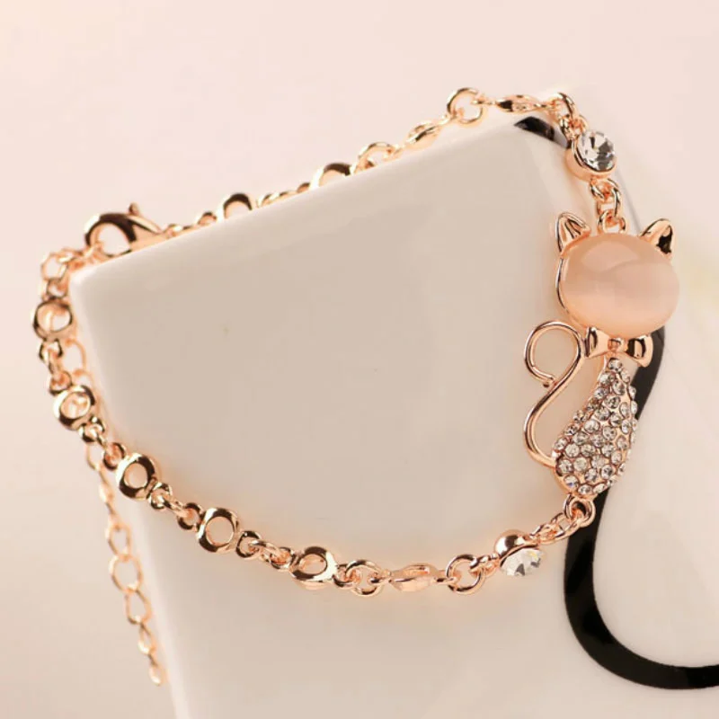 

2022 New Trend Rose Gold Alloy Cute Cat Bracelet Female Lady Child Girl Gift Jewelry Charm Opal Rhinestone Bracelet Cat Bracelet