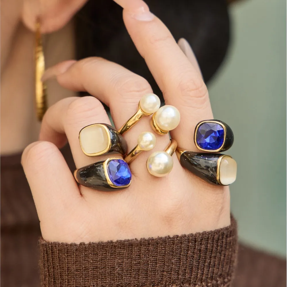 Blue Opal Stone Hug Ring: 18K Gold Plated Statement Chunky Band with Black Enamel Design