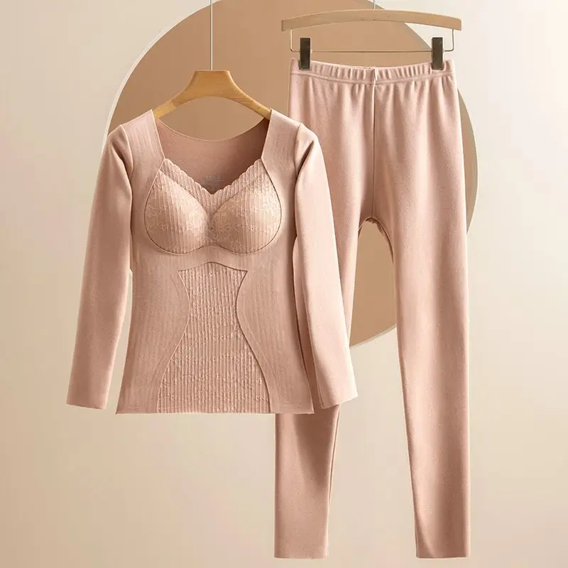 Winter Women Fashion 2 Piece Sets Female Plus Velvet Slim Warm Tops + Long Trousers Ladies Thermal Underwear Suits H618