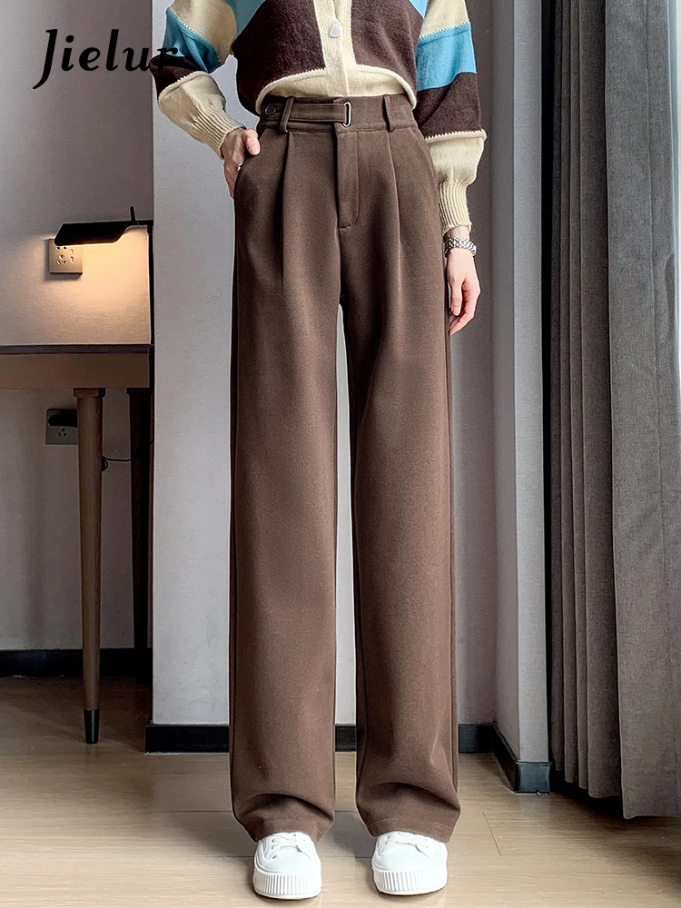 Jielur Winter Thick Loose Casual Female Wide Leg Pants Pure Color Chic Buttons Straight Slim Fashion Women Pants Black Apricot