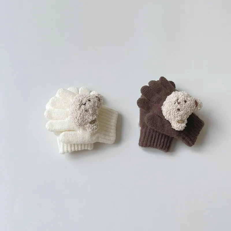 Cartoon Bear Baby Knitted Gloves Autumn Winter Warm Full Finger Mittens for Boys Girls Solid Color Soft Comfortable Cute Childre