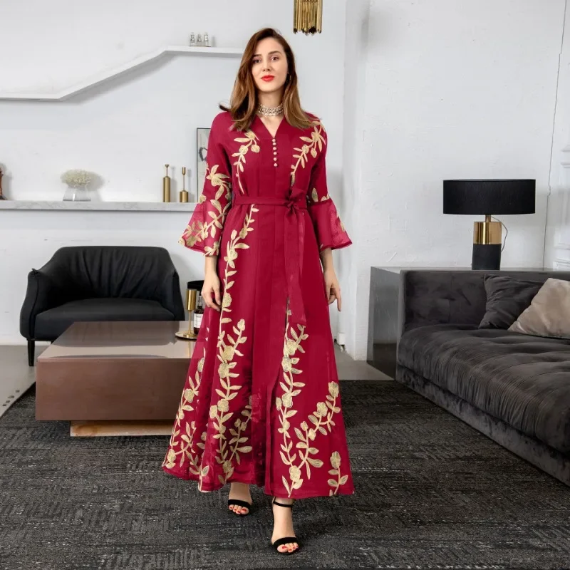Muslim Autumn and Winter Mesh Embroidered Robe European and American Women's Clothing Elegant Evening Dress Arab Dress