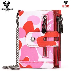Oxford Men's RFID Blocking Wallet with Zippered Coin Purse and Classic Biker Chain Design (Red)