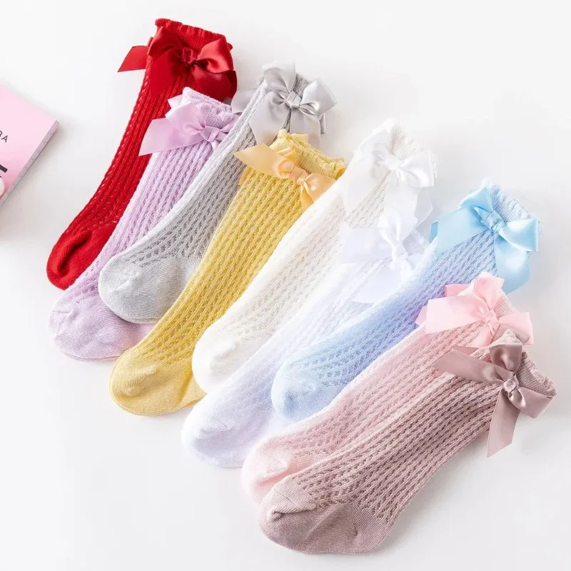 Baby Cute Korean Bow Mesh Stockings Hollow Cotton White Beige Princess Knee High Long Socks Newborn Infant Stockings for Girls