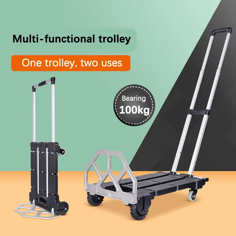 

Folding Luggage Cart Portable Collapsible Aluminum Cart Dolly Pull Truck Carring Trolley Black Tool Cart Storage with 4 Wheels