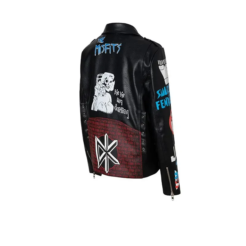 Graffiti Print Motorcycle Jacket for Women's and Men's 2024 Trend Punk Style Streetwear Contrast Black Faux Leather Jackets