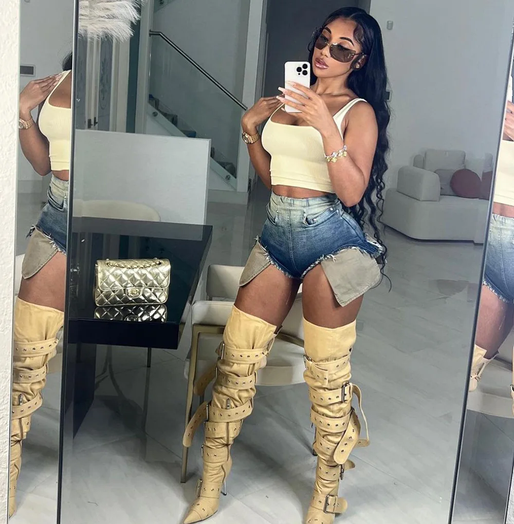 

Vintage Jeans Pants Women Shorts High Waist Baggy Pockets Patchwork Gradient High Waist Denim Trouser Streetwear Cargo Pants