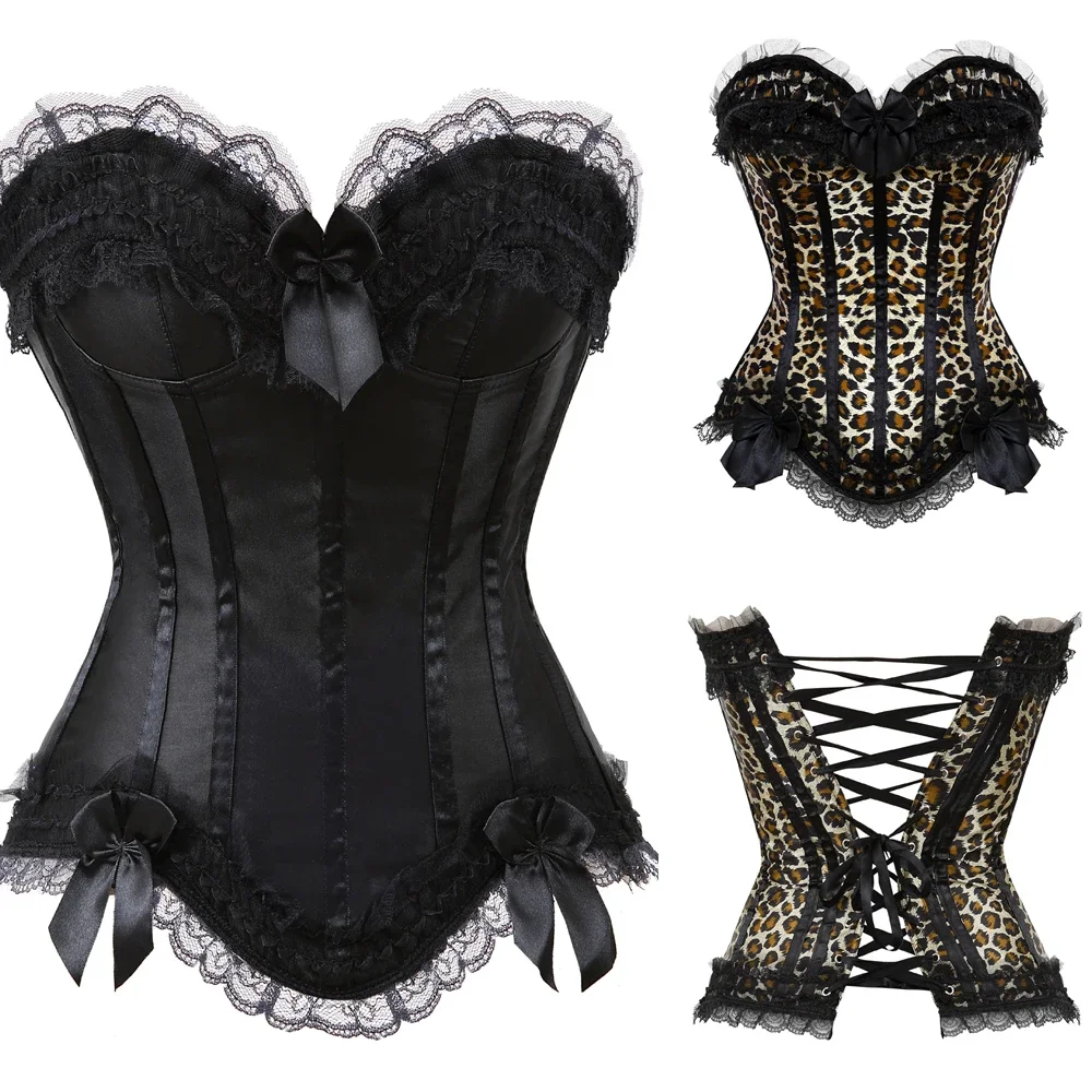 Corset Femme Sexy Satin Lace Overlay Corsets Padded Zip Bustier Victorian Leopard Overbust Corselet Carnival Party Costumes
