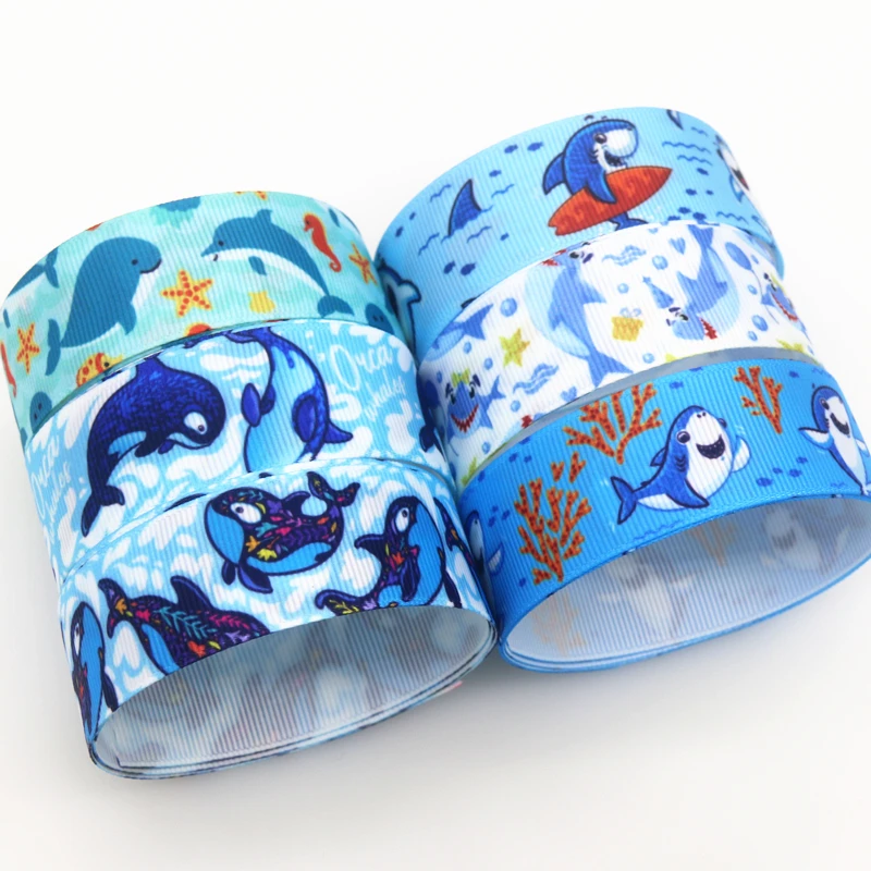 DHK 50yards Sea Shark Whale Printed Grosgrain Ribbon Accessories Material Headwear Decoration DIY Sewing Craft D1959