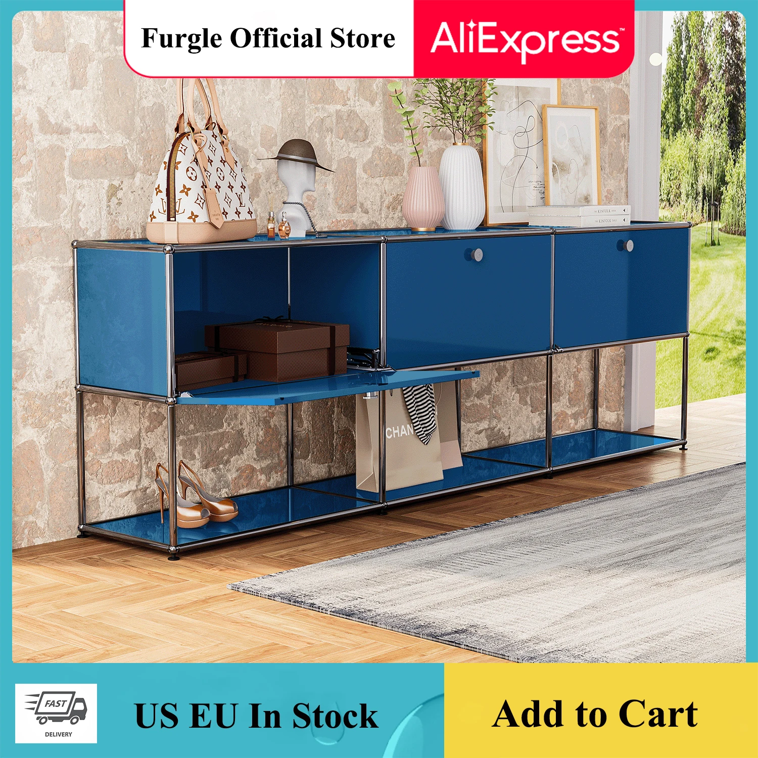 Storage Cabinet Sideboard Haller Cabinet Storage Shelf Modular Furniture Stainless Steel Metal Board Living Room Cabinet-No Keys