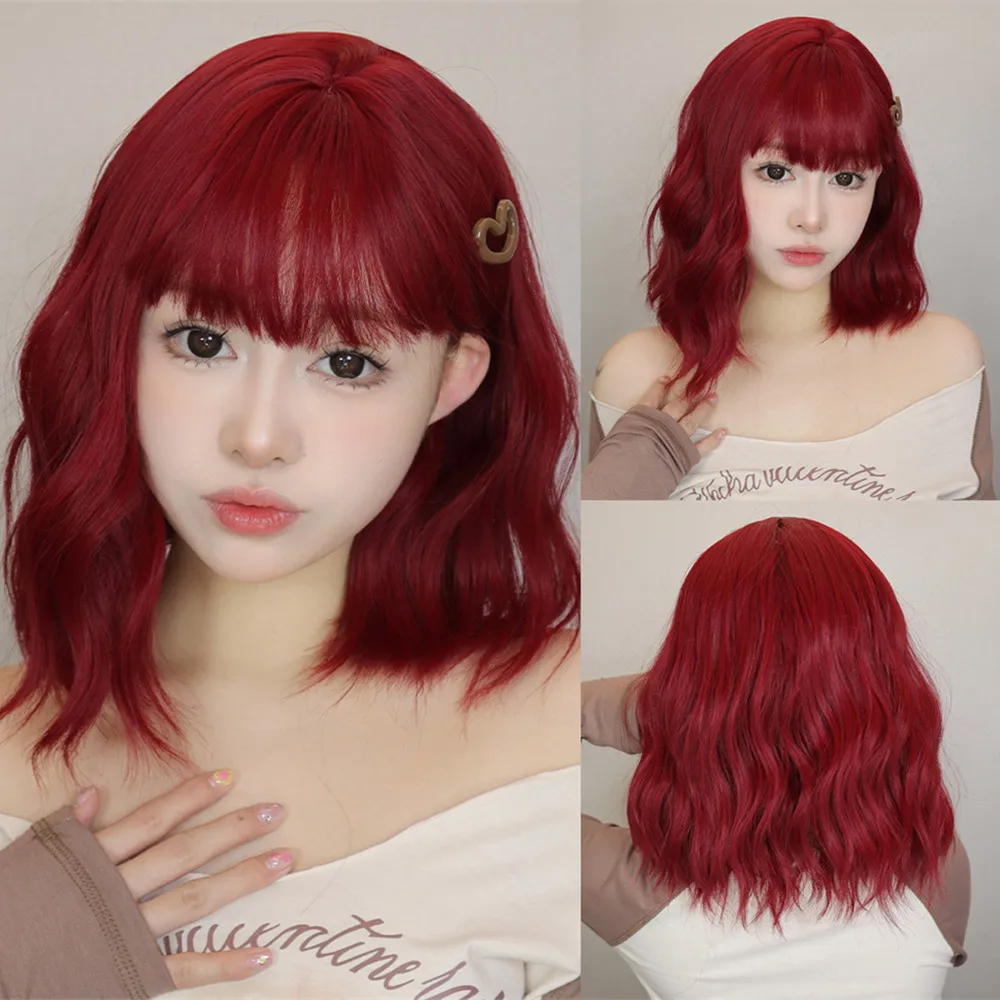 

Short Red Wave Bob Wigs with Bangs Synthetic Straight Hair Wig Colorful Cosplay Party Heat Resistant Fake Hair for White Women