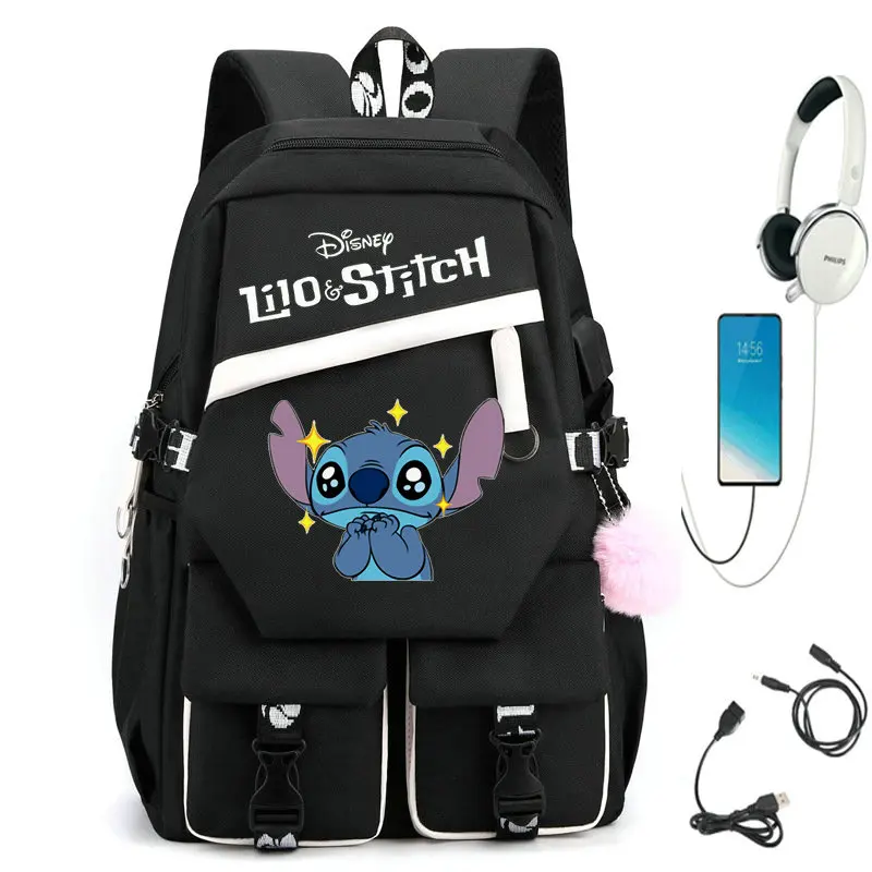 Fashion Lilo And Stitch School Usb Port Backpack Teenager Girls Kawaii BookBag Student School Bag Rucksack Mochila Best Gift